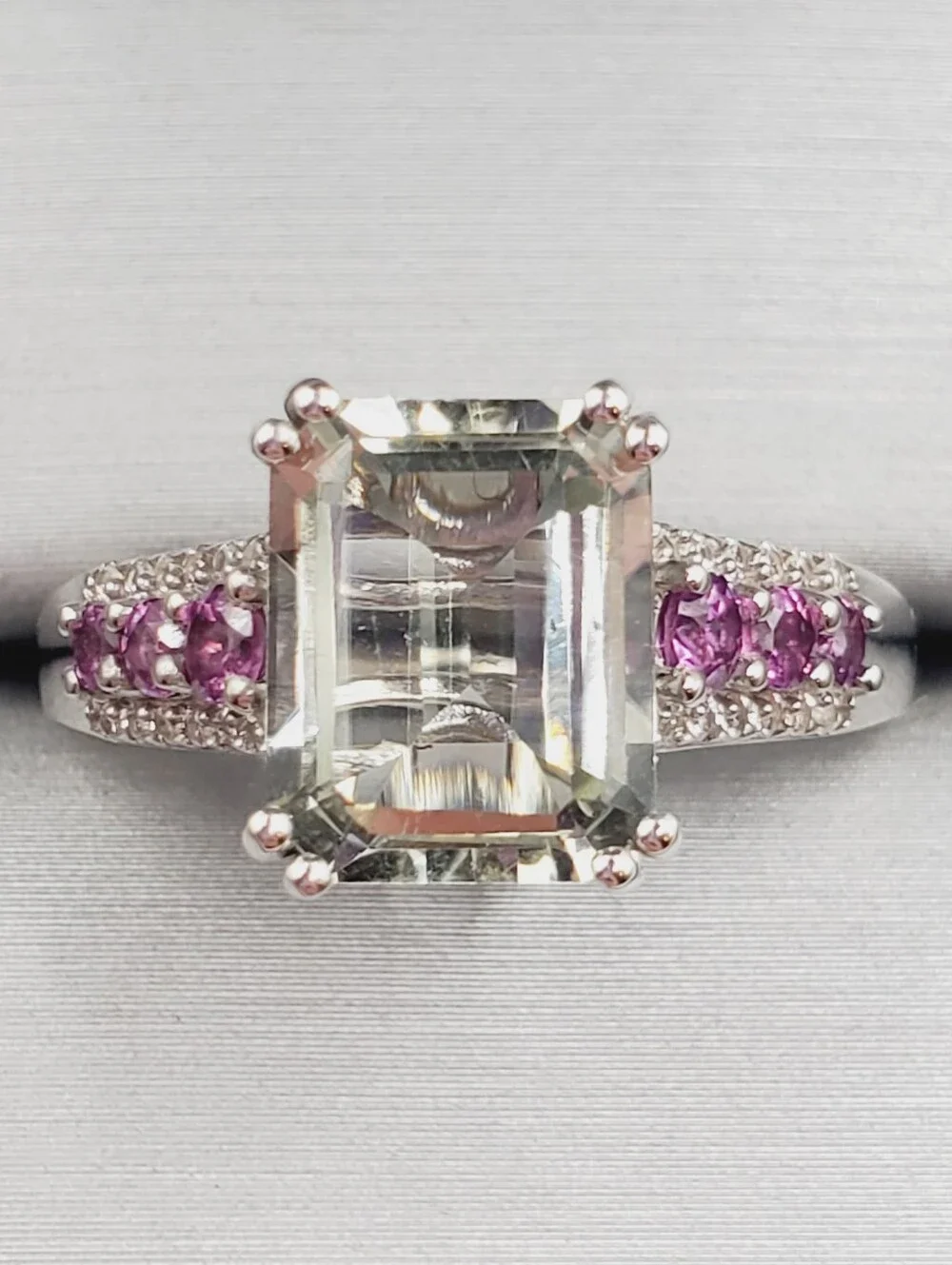 Emerald Cut Montezuma Prasiolite & Pink Tourmaline 925 Sterling Silver Ring